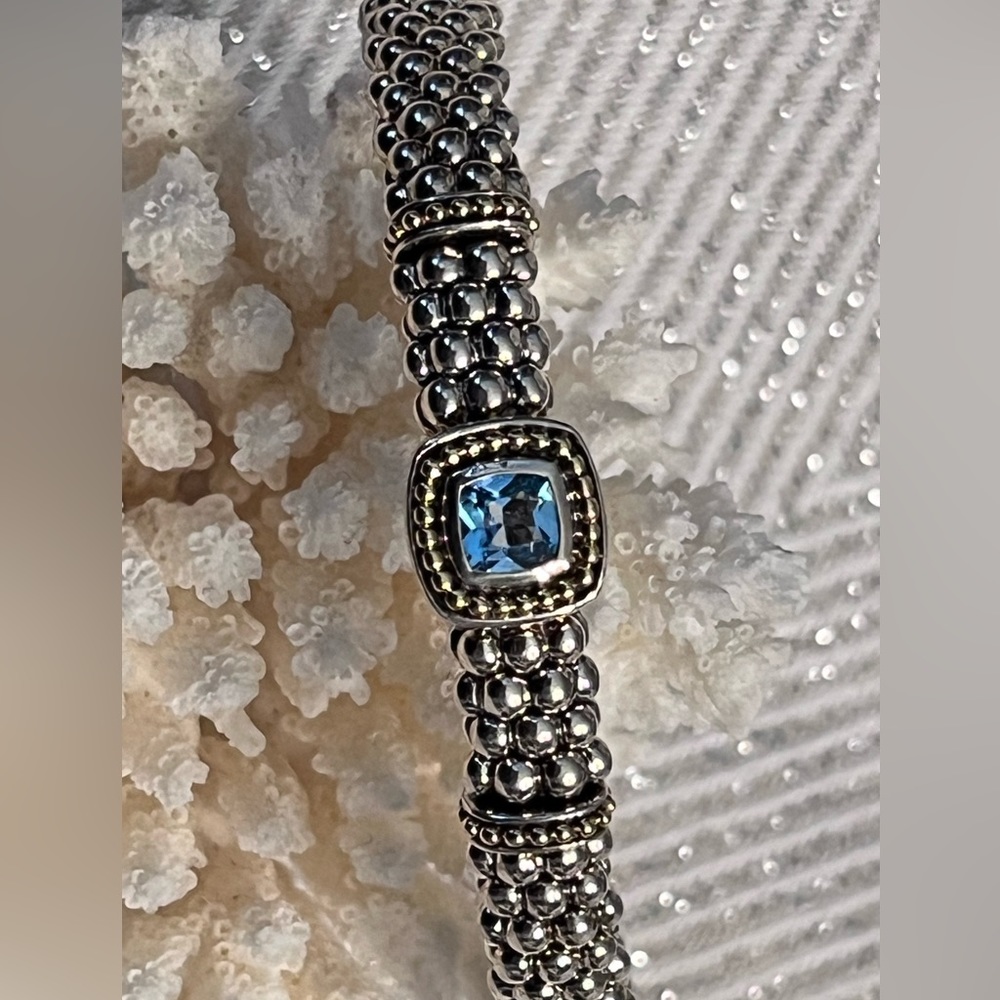 Lagos swiss blue topaz bracelet sterling silver Caviar beading with 18K gold